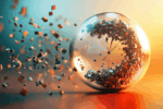 A glass sphere encloses swirling metallic cubes with a small set of clock hands at the center. The background transitions from blue to orange, suggesting a blend of technology and time.
