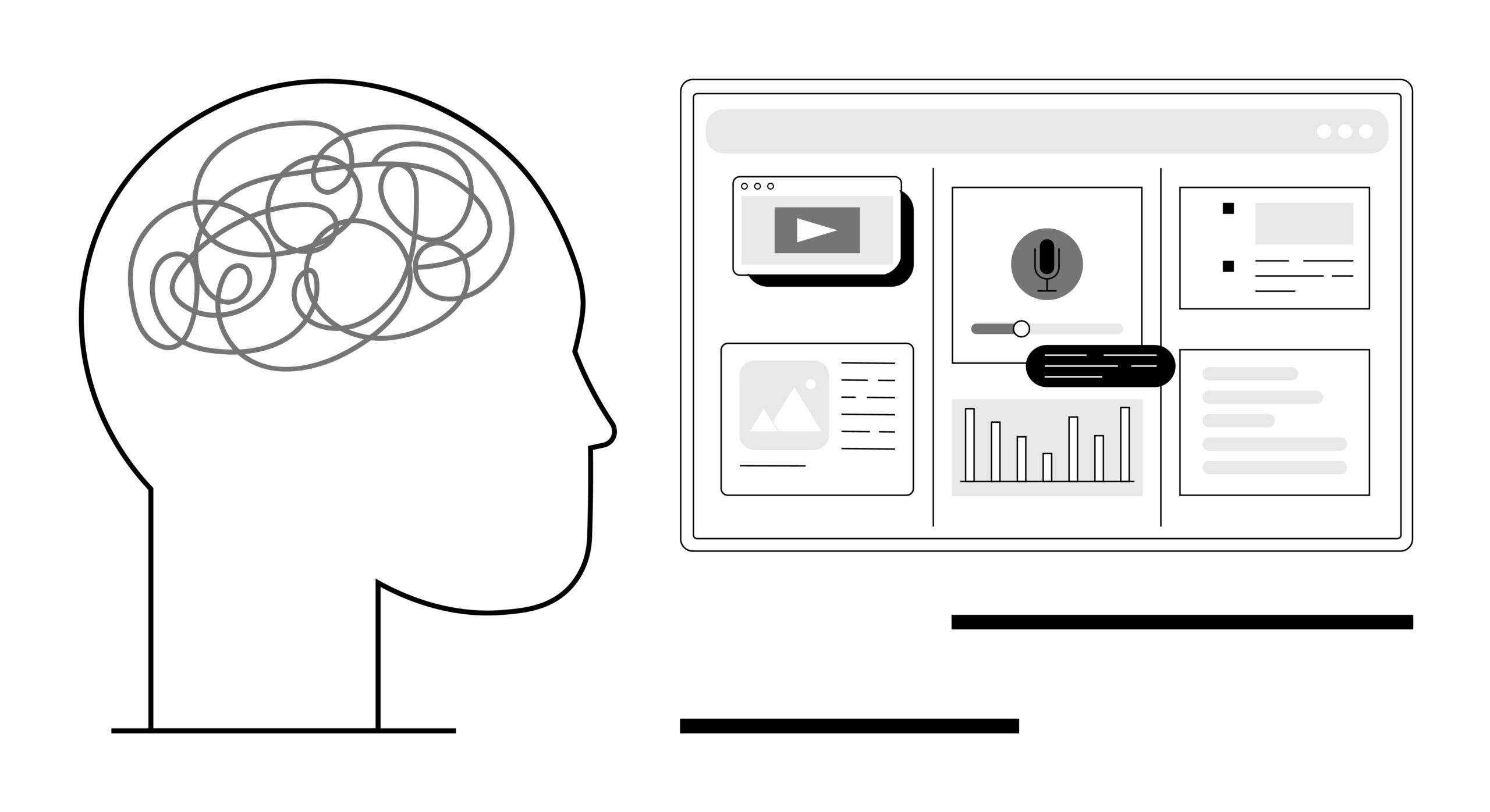 Silhouette of a head with a tangled scribble inside, facing a computer screen displaying various digital content icons, symbolizing information overload or digital communication.