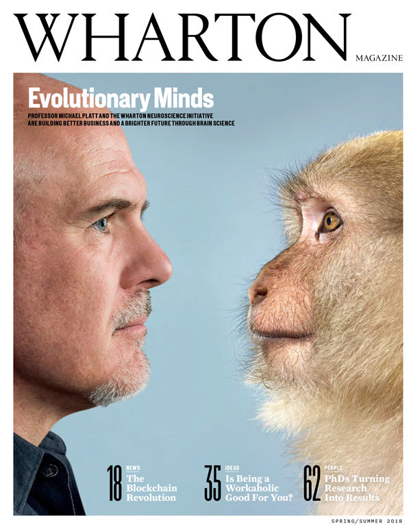 A magazine cover from Wharton Magazine features a profile view of a human facing a monkey, titled "Evolutionary Minds," highlighting neuroscience and brain science themes.