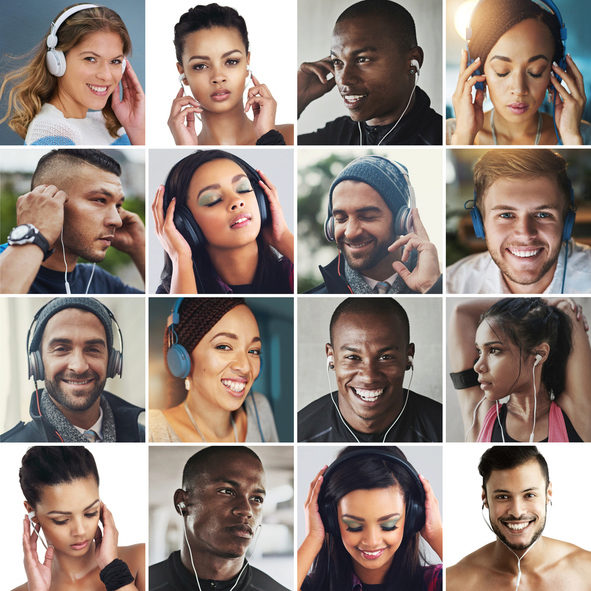 A collage of diverse people enjoying music, each wearing headphones or earbuds, and expressing various emotions like joy and relaxation.