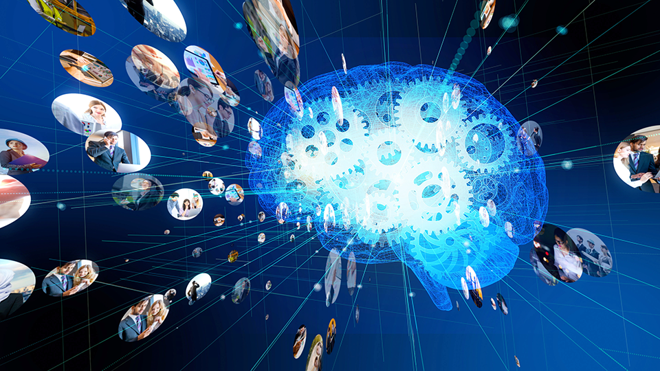 AdobeStock_241275404 (1) Digital representation of a brain with gears inside, surrounded by floating circular images of people, symbolizing artificial intelligence and data integration.