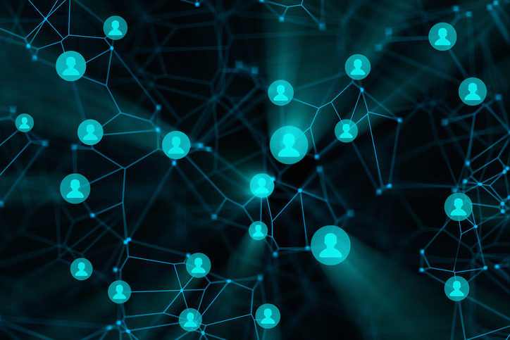 An abstract representation of a digital network with interconnected nodes and user icons, symbolizing social media or communication networks.