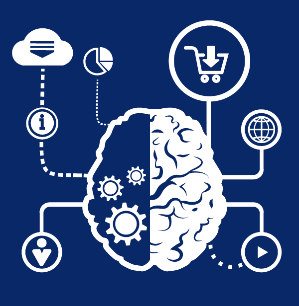 An illustration of a stylized brain with connected icons representing concepts like information, shopping, internet, user, and media, symbolizing technology or digital connections.