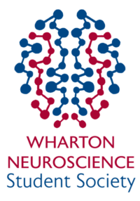 Graphic design of a brain made from interconnected blue and red circles, with "Wharton Neuroscience Student Society" text below.