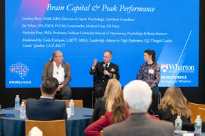 A panel discussion on "Brain Capital & Peak Performance" with three speakers seated on stage. The backdrop shows event details, and attendees are observed in the audience.