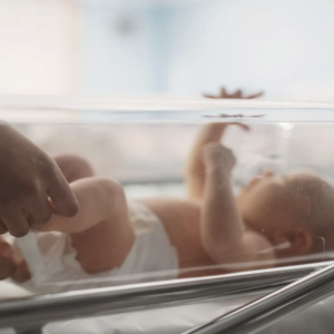 A newborn baby lying in a hospital incubator while a hand gently touches them.