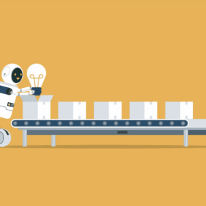 A cartoon robot places a light bulb into a box on a conveyor belt, representing automation and innovation in manufacturing.