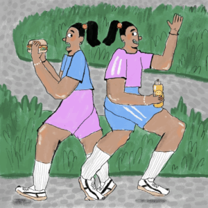Two people jogging on a path, one holding a sandwich and the other a drink bottle, surrounded by greenery, wearing colorful activewear.