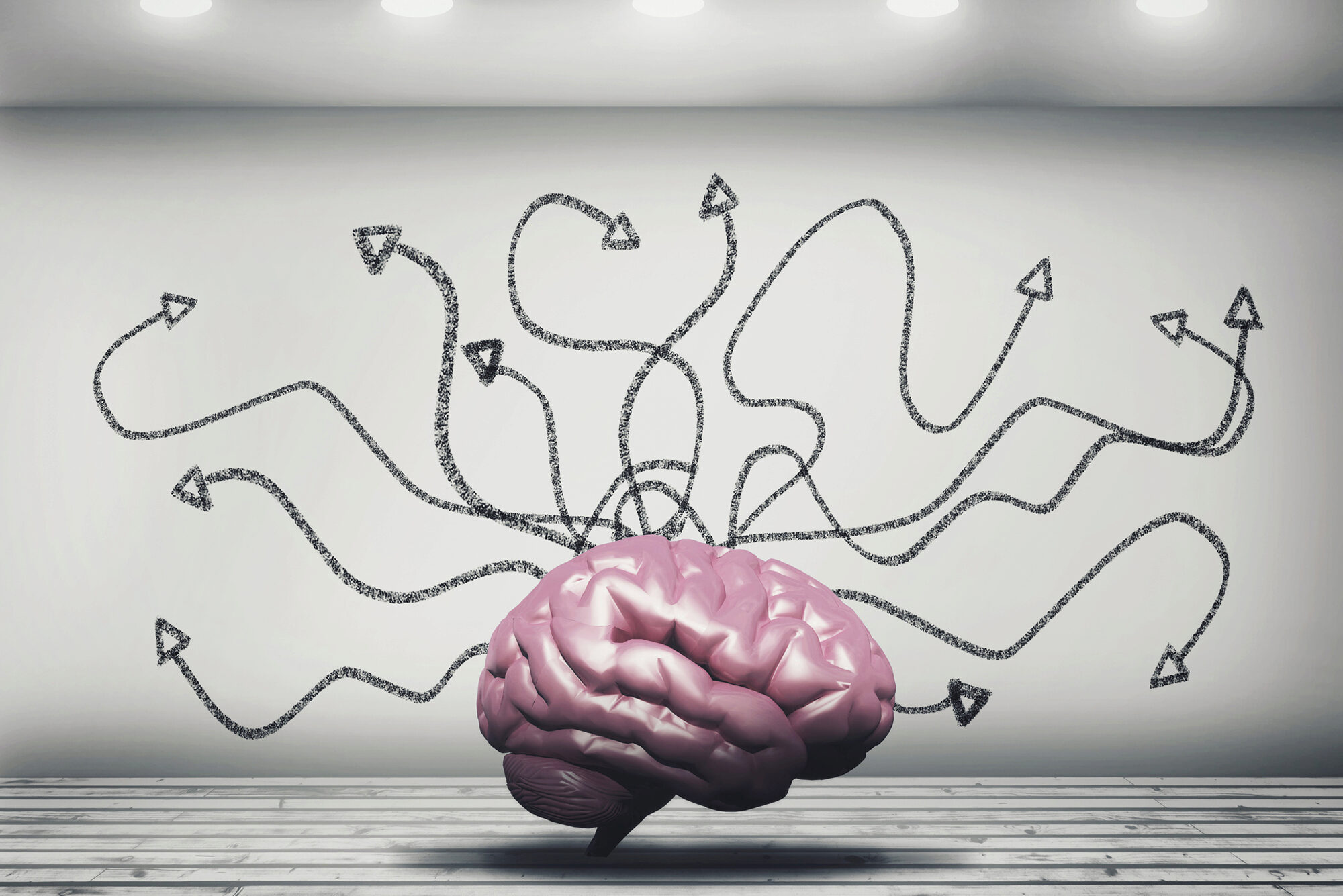 Human brain in white room with chaotic arrows drawn on wall. The concept of different choices.
