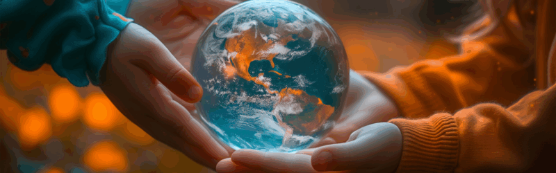 Hands of two individuals hold a small, glowing Earth, symbolizing care and responsibility for the planet.