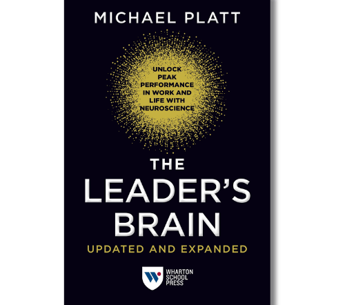 Cover of the book "The Leader's Brain" by Michael Platt, with a subtitle about unlocking peak performance using neuroscience. Features a black background with a yellow pattern and Wharton School Press logo.
