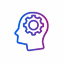 An outline of a human head with a gear inside, representing thinking, intelligence, or artificial intelligence.