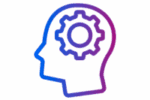 An outline of a human head with a gear inside, representing thinking, intelligence, or artificial intelligence.