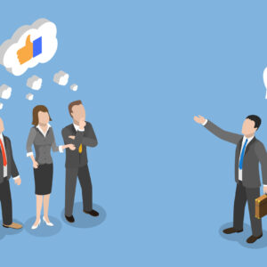 Illustration of a person presenting to a small group in business attire, with speech bubbles representing communication.