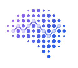 Purple-to-blue gradient dots forming a stylized brain shape, crossed by a smooth wavy line suggesting a neural path or data flow on a white background.