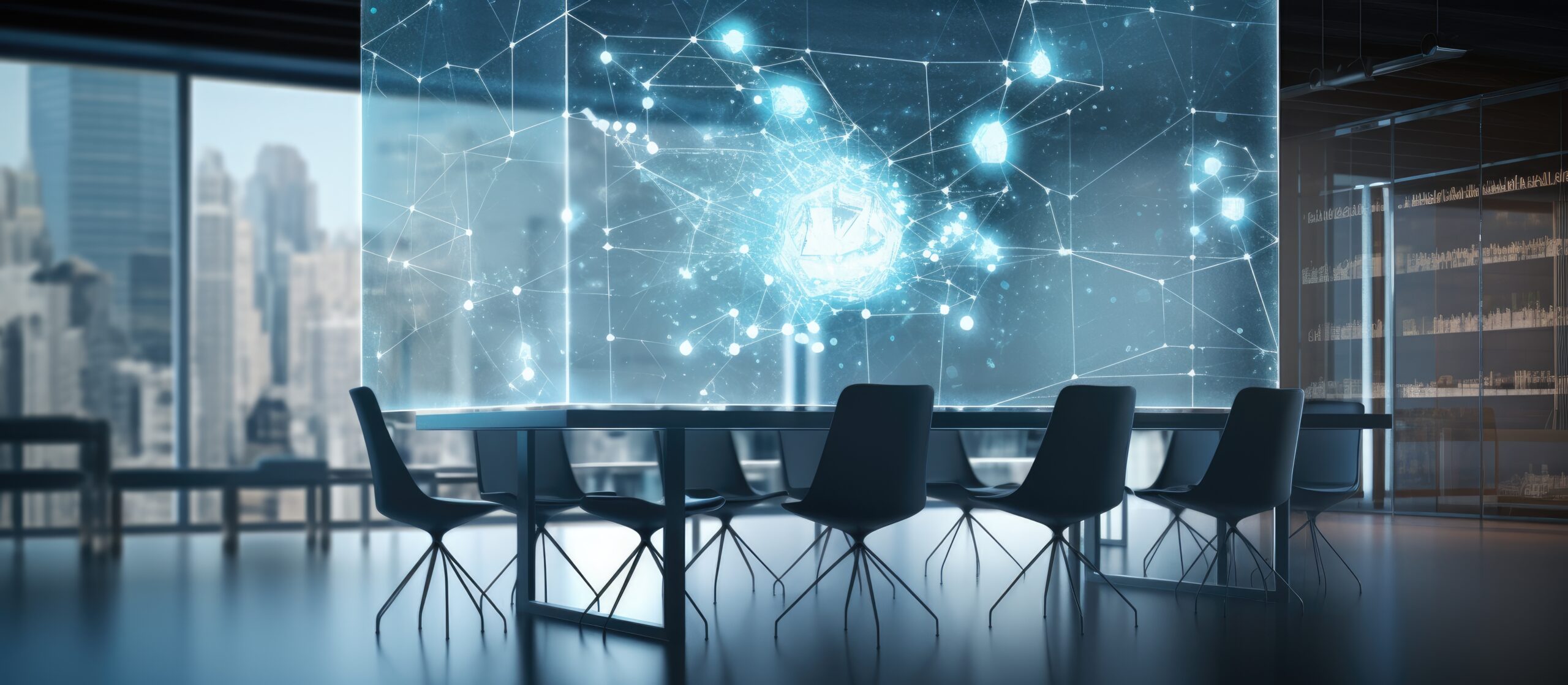 Artificial intelligence interface in a modern meeting room, showcasing neural networks and machine learning.