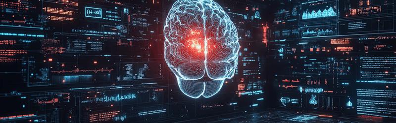 Digital representation of a brain surrounded by data and graphs, symbolizing artificial intelligence or advanced technology.