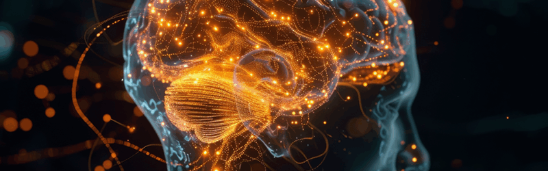 A digital illustration of a human head in profile with a transparent skull showing a glowing brain network. Orange and blue lights highlight neural connections, symbolizing brain activity.