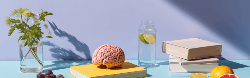 A still life arrangement featuring a model brain on books, fruits, a dumbbell, a plant in a vase, and a bottle of lemon water, symbolizing wellness and knowledge.