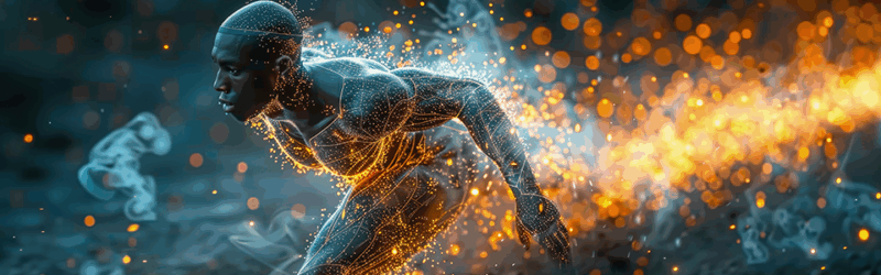 A digital artwork of a futuristic humanoid figure in a dynamic running pose, glowing with orange lights and digital particles.