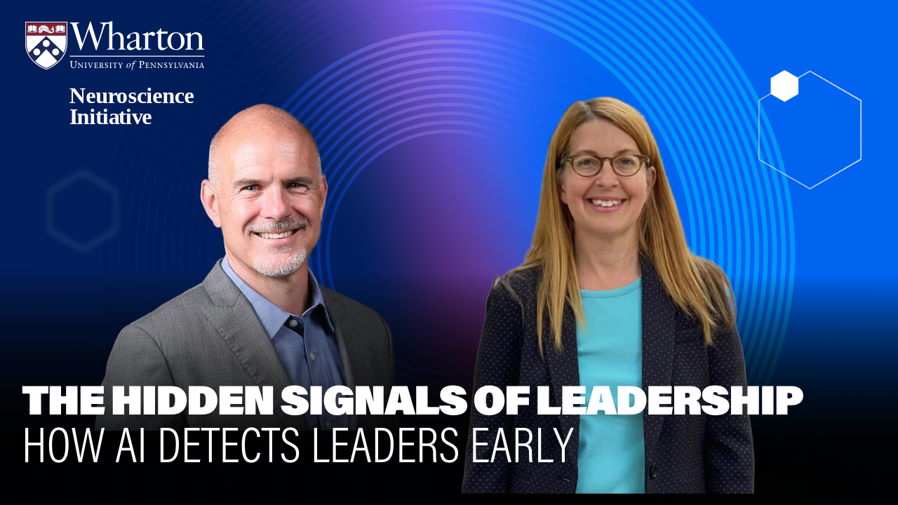 A promotional graphic for the Wharton Neuroscience Initiative discussing "The Hidden Signals of Leadership: How AI Detects Leaders Early," featuring a headshot of a smiling person on the left wearing a suit, and another smiling person on the right with long hair