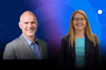 Headshots of two people against a blue background with hexagonal patterns.